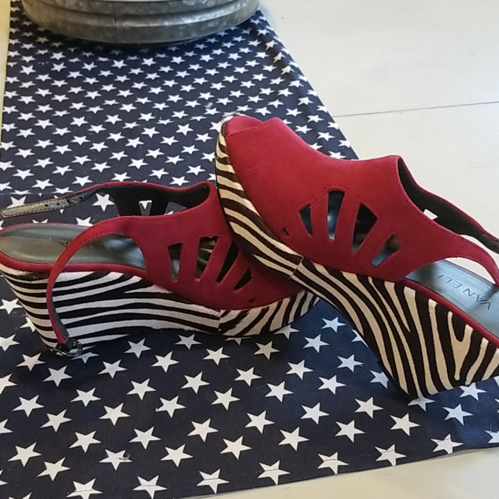 New! Vaneli Red/Animal print wedges. Size 6.5